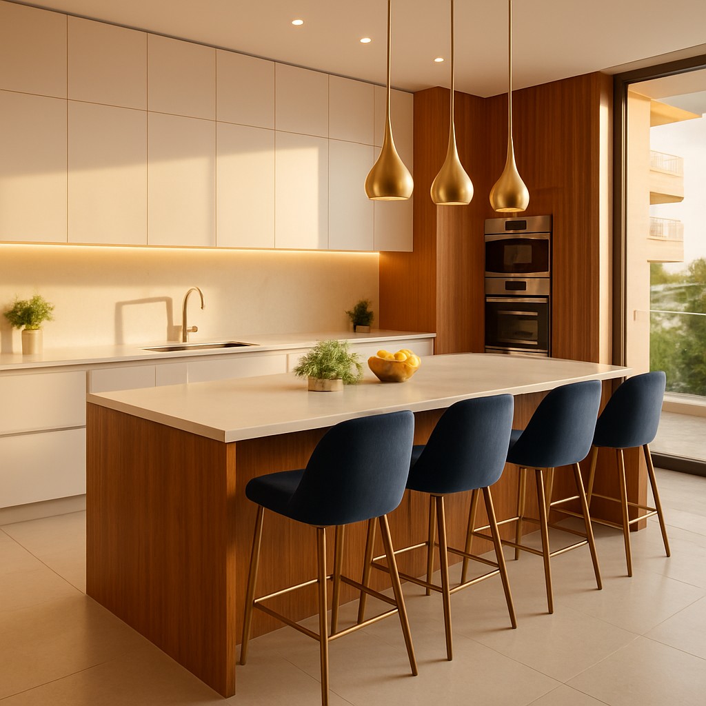 Cozinha branca com ilha de madeira e banquetas azuis, projeto conceitual OXXÍ