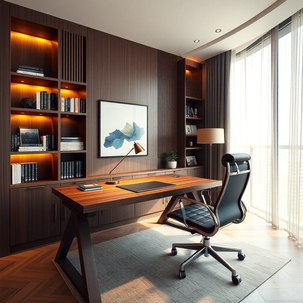 Home office com estante de marcenaria iluminada, projeto conceitual OXXÍ